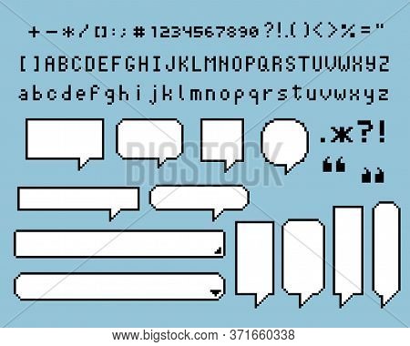 Collection Set Of Retro Game 8 Bit Pixel Speech Bubble Balloon, Text Box Banner, Black And White Col