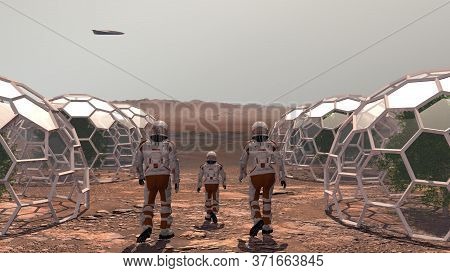Family Colonists Immigrants To Mars, A Man, A Woman And A Child Admire The Martian Landscape, The Ci