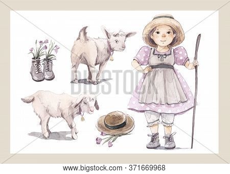 Watercolor Set Of Girl Shepherdess And Two White Goatling