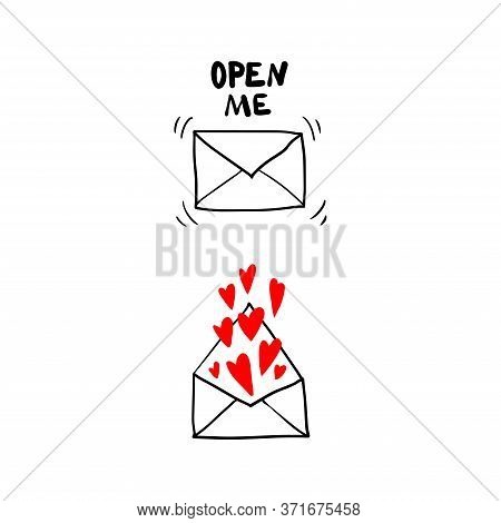 Isolate set letters with red hearts jump out of it. Vector illustration black on a white background. Sketch letters for greeting cards send women and men. Isolate letter say open me.