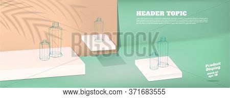Summer Studio Table With Product Display Block Background.pastel Mint Green And Peach With Palm Leaf