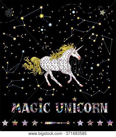 Cute Illustration Of White Starry Skittish Unicorn On The Cosmic Background With Constellations, Col