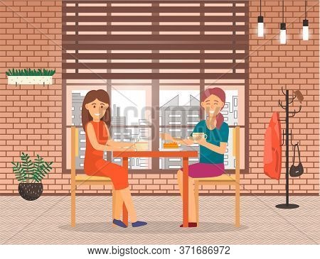 Friends Spending Time Together At Home Or Restaurant. Meeting Of Two Women For Intimate Talk, Privat