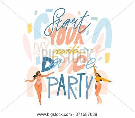 Hand Drawn Vector Abstract Flat Stock Graphic Illustration With Young Happy Dancing Womens, And Star