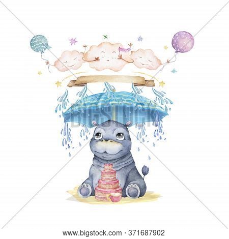 Hand Drawn Cute Isolated Tropical Summer Watercolor Hippo Animals. Two Hippopotamus Family Cartoon A