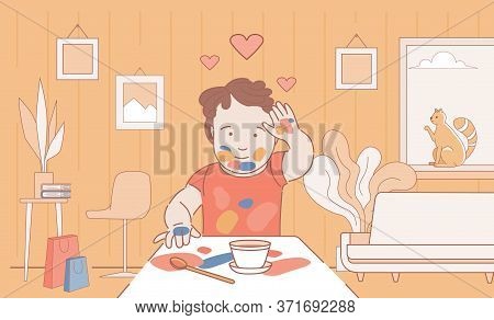 Happy Smiling Boy Drawing And Leaving Handprints On Paper Vector Cartoon Outline Illustration. Stain