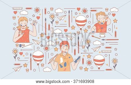 Art Lessons, Drawing Teaching Or Creative Education Concept. Happy Stained With Paint Children Holdi