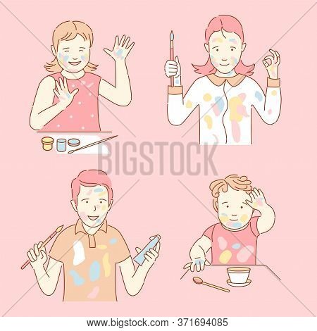 Happy Stained With Paint Children Vector Cartoon Outline Illustration. Smiling Boys And Girls Holdin