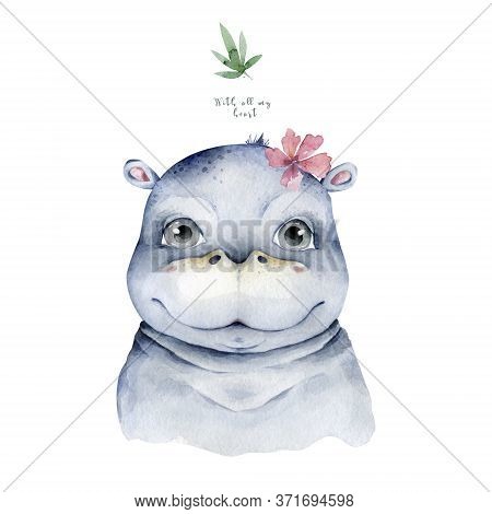 Hand Drawn Cute Isolated Tropical Summer Watercolor Hippo Animals. Baby Cartoon Animal Illustrations