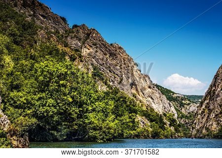 View Of Beautiful Tourist Attraction, The Idyllic Matka Lake At Matka Canyon In The Skopje Surroundi