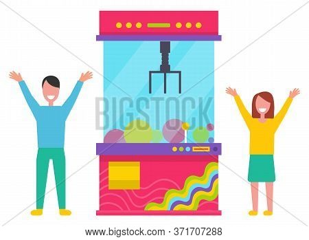 Game Machine Fun Vector, Isolated Kids Playing With Electric Claw Catching Toys From Box. Boy And Gi