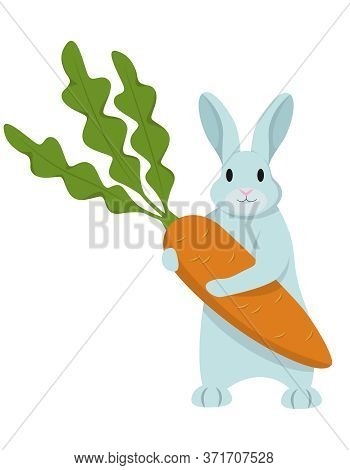 Rabbit Holding A Big Carrot. Animal In Cartoon Style Isolated On White Background.