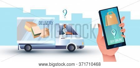 Contactless Delivery Banner With Courier In Truck And Female Hand Holding Smartphone. Logistics Conc