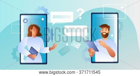 Recruitment Concept With Male Employer Interviewing Young Female Candidate Online. Vector Illustrati