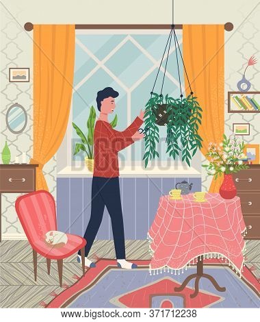 Man Caring For Plants Vector, Room Interior With Tables And Vase, Armchair And Drawers. Curtains On 