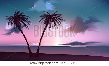 Summer Tropical Backgrounds With Palms, Sky And Sunset. Summer Poster Flyer Invitation Card. Summert