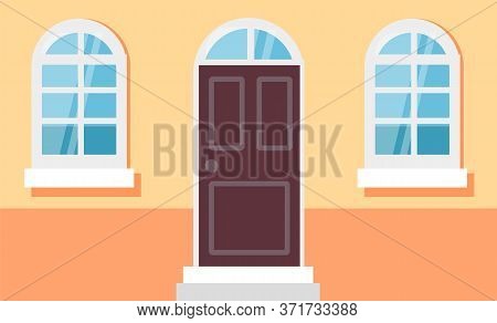 House Front Facade. Home Exterior, Front View Building Entrance Door And Glass Windows. Modern Stree