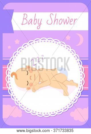 Baby Shower Greeting Card, Newborn Lying On Side And Sleeping. Vector Dormant Child In Diaper Cartoo