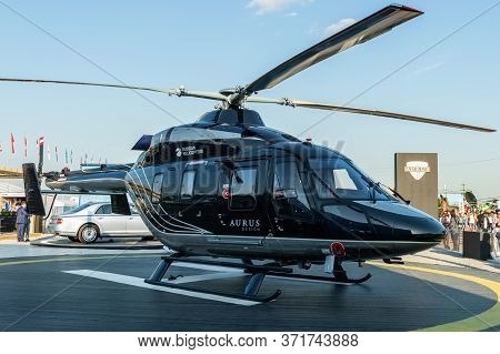 August 30, 2019 Zhukovsky, Russia. The Ansat Helicopter In The Aurus Design At The Maks-2019 Interna