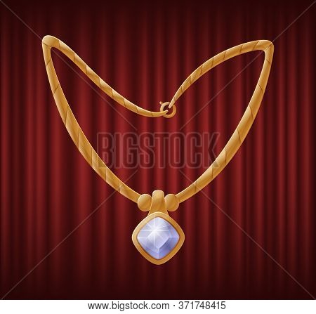 Golden Necklace And Pendant With Diamond Shaped White Gemstone. Shiny, Elegant And Luxury Accessorie