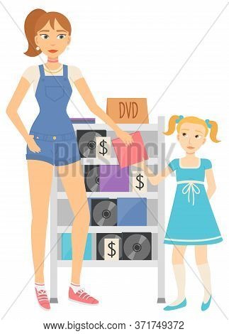 Females Holding Disk, Seller And Shopper Character, Woman Giving Multimedia Object To Girl. Second S