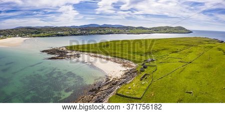 Aerial View Of Inishkeel Island By Portnoo Next To The The Awarded Narin Beach In County Donegal, Ir