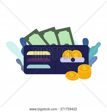 Open Wallet With Money In Flat Style. Cash Back Concept. Isolated Illustration