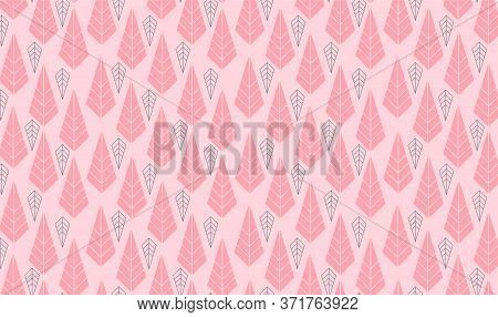 Geometrical Forest Pattern In Pink Color Palette Outline And Fill Style. Vector Seamless Pattern For