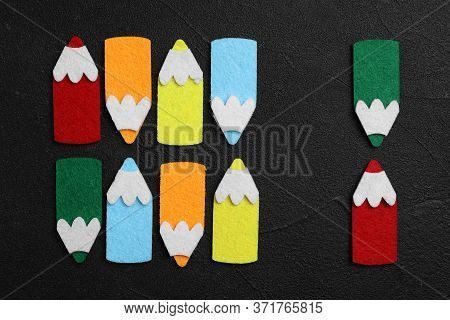 Flat Lay Composition With Colorful Felt Pencils On Black Stone Background. Pareto Principle Concept
