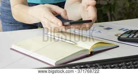 Close Up Of Wooden Office Desk. Debica, Poland