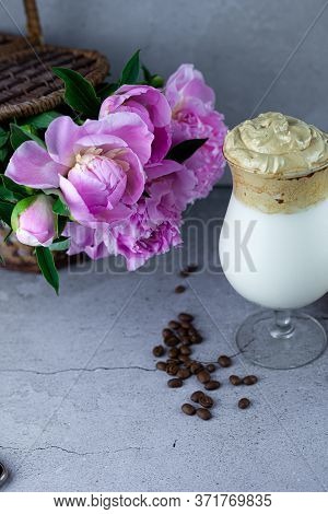 Milk Shake. Dalgona Coffee - The Korean Coffee Drink On Wooden Background. Instant Coffee Or Espress