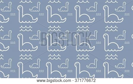 Cute Long Neck Baby Dino And Waves Pattern In Blue. Vector Seamless Pattern Design For Children Clot