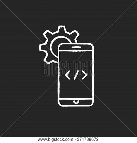 Mobile Software Development Chalk White Icon On Black Background. Programming Application For Portab
