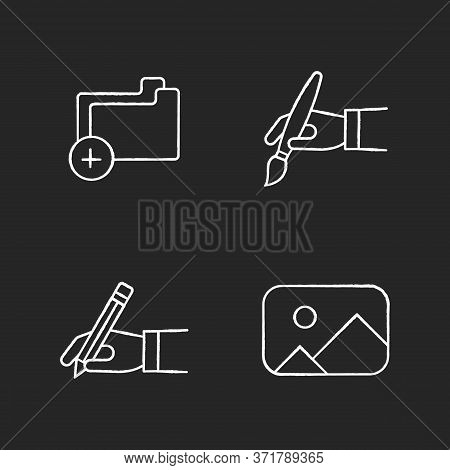 Artist Work Elements Chalk White Icons Set On Black Background. Empty Computer Folder. Add File To P