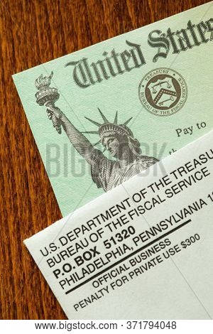 Winchester, CA USA - June 11, 2020: United States Federal Treasury IRS Pandemic Relief Check