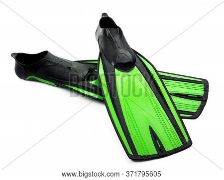 Two Flippers For Diving Of Light Green Color With Water Drops Isolated On White Background
