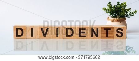 Text Dividends On Cube Dice With White Background, Finance Concept. Front View Concepts, Flower In T