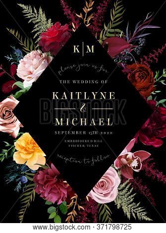 Luxurious Dark Frame Arranged From Leaves And Flowers. Red, Yellow And Dusty Pink Rose, Burgundy Peo