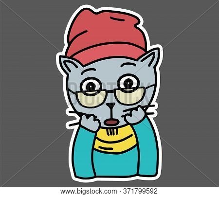Hipster Cat With Glasses, Clothes, Hat, Scarf, And Sweater In The Awe. Flat Style Sticker For T-shir