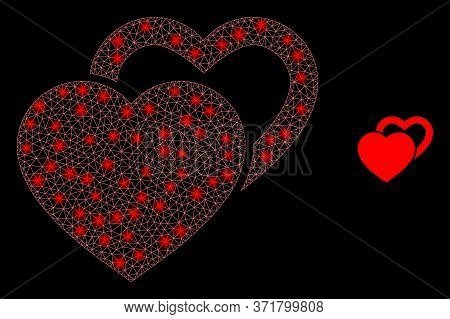 Shiny Web Mesh Valentine Hearts With Lightspots. Illuminated Vector 2d Constellation Created From Va