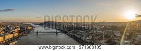 Panoramic Aerial Drone View Of Danube River Buda Castle On Hill