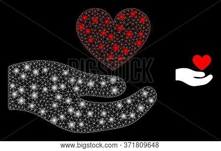 Glowing Web Network Palm Offer Love Heart With Glowing Spots. Illuminated Vector 2d Constellation Cr