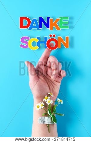 Text Danke Shon In German Language Means Thank You . Rainbow Ribbon In Womans Hand. Chamomile Flower