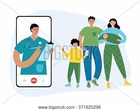 Doctor Or Pediatrican Consults A Happy Family By Videocall Via Smartphone. Flat Vector Illustration.