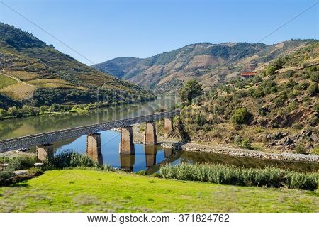 Scenic view of the Douro Valley and river with terraced vineyards near the village of Tua, Portugal