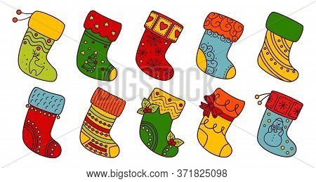 Christmas Socks Flat Line Set. Colorful Linear Cartoon Holiday Traditional And Ornate Stockings. Chr