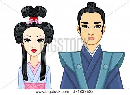 Animation Portrait Of Japanese Family In Ancient Clotes. Geisha, Maiko, Samurai. Vector Illustration