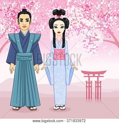 Animation Portrait Of Japanese Family In Ancient Clotes. Geisha, Maiko, Samurai. Full Growth. A Back
