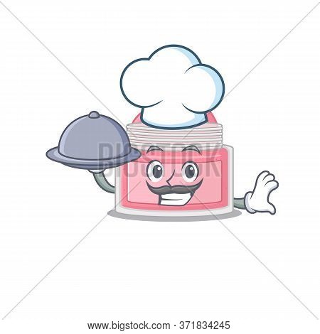 Mascot Character Style Of Body Srub Chef Serving Dinner On Tray