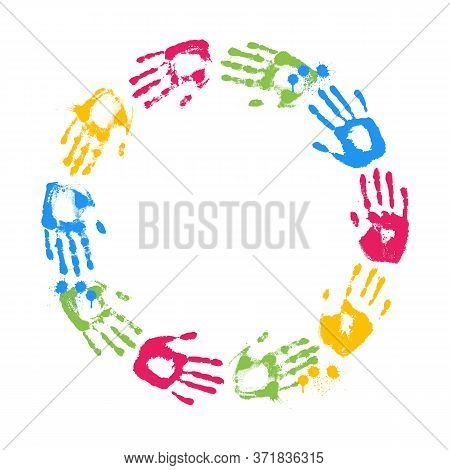 Wreath Made From Colorful Handprints Isolated On White Background. Brignt Circle Frame With Hands.